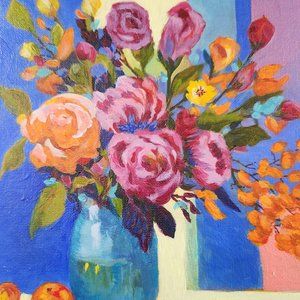 Original 8 x10 Painting Collectible Artist Signed CASSANDRA~  Floral w/ Fruit #3